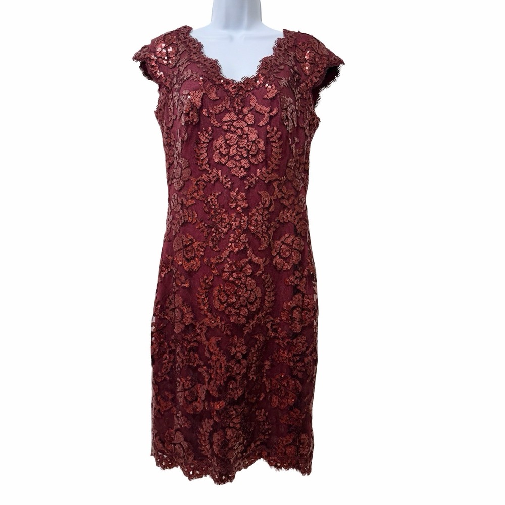 Tadashi Shoji V Neck Cap Sleeve Sequin Lace Mini Cocktail Dress Size 6 Burgundy